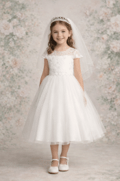 First Communion Dress Embroidered Tulle Bodice with Sequins and Pearl