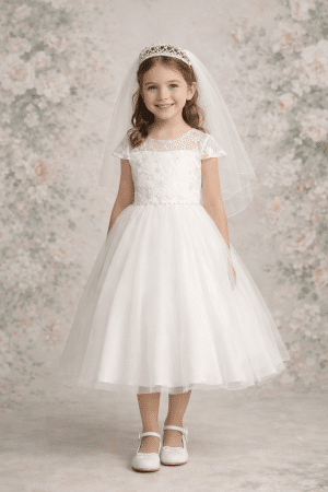First Communion Dress Embroidered Tulle Bodice with Sequins and Pearl