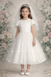 Short Sleeve First Communion Dress Embroidered Leaves and Sequins