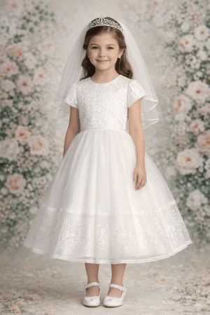 Short Sleeve First Communion Dress Embroidered Leaves and Sequins