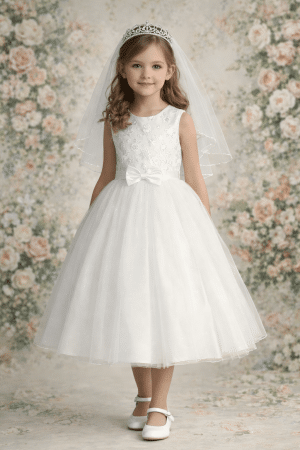First Communion Dress Glitter Tulle Skirt Satin Bow