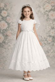 Cotton Eyelet First Communion Dress with Cap Sleeves