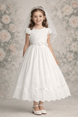 Cotton Eyelet First Communion Dress with Cap Sleeves