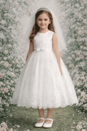 First Communion Dress Corded Embroidered Tulle with Sequins