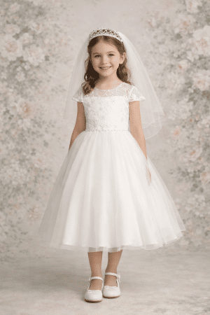 First Communion Dress Embroidered Tulle Bodice with Sequins and Pearl