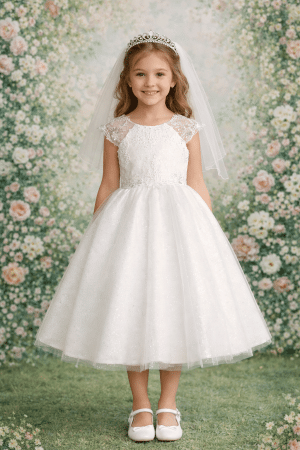 First Communion Dress Embroidered with Glitter Skirt