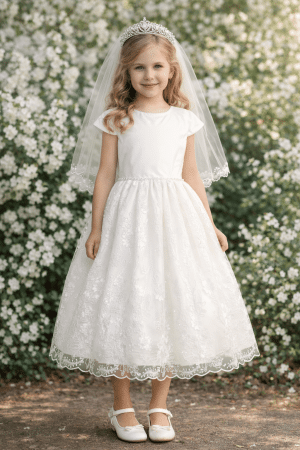 First Communion Dress with Corded Embroidered Skirt