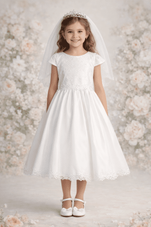 First Communion Dress with Embroidered Tulle Bodice and Satin Skirt
