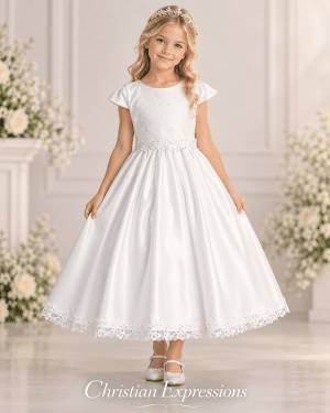 Girls First Communion Dress with Embroidered Tulle Bodice and Satin Skirt