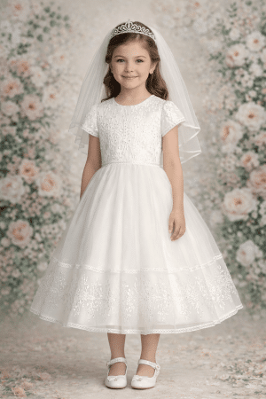 Short Sleeve First Communion Dress Embroidered Leaves and Sequins