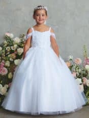 First Communion Dress with Off-Shoulder Lace Bodice