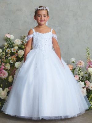 First Communion Dress with Off-Shoulder Lace Bodice