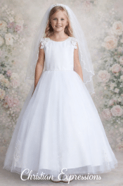 First Communion Dress 3D Lace Shoulder Bodice with Lace Applique Waist