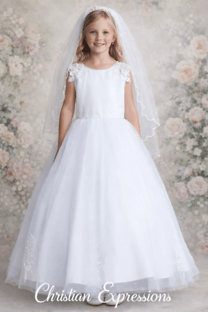 First Communion Dress 3D Lace Shoulder Bodice with Lace Applique Waist