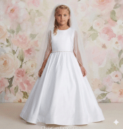 All Satin First Communion Dress with Pearl and Rhinestone Waist
