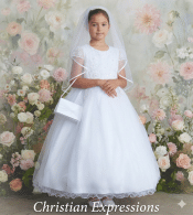 First Communion Dress with Lace Cap Sleeves Fish Wire Hem