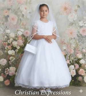 First Communion Dress with Lace Cap Sleeves Fish Wire Hem