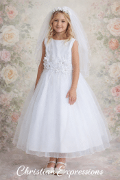 First Communion Dress Glitter Mesh Overlay Skirt with 3D Flowers and Beads