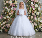 First Communion Dress with Irridescent Lace Applique with a Long Tail