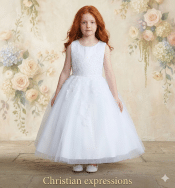 First Communion Dress Shimmering Lace Bodice with Cascading Lace Mesh Skirt