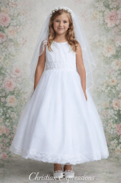 First Communion Dress Satin Bodice with Lace and Pearl Waist