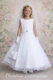 First Communion Dress Ruched Organza Waist Rhinestone Brooch