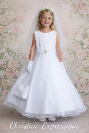 First Communion Dress Ruched Organza Waist Rhinestone Brooch