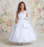 First Communion Dress Illusion Neckline Lace Bodice with Tulle Skirt