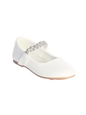 White First Communion Flat Shoes with Braided Rhinestone Strap