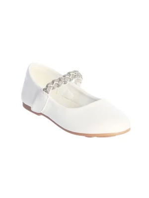 White First Communion Flat Shoes with Braided Rhinestone Strap