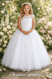 First Communion Dress Sparkling Illusion Neckline