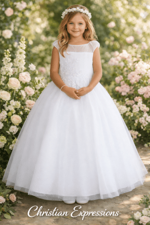First Communion Dress Sparkling Illusion Neckline