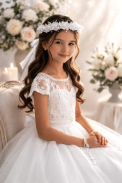 Girls First Communion Headpiece with Flower & Pearl Accents