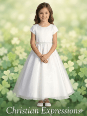 Irish First Communion Dress Satin Bodice with Shamrocks On Neckline