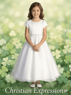 Irish First Communion Dress Satin Bodice with Shamrocks On Neckline