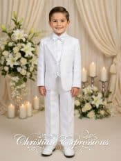 Boys White Brocade First Communion Tuxedo Suit