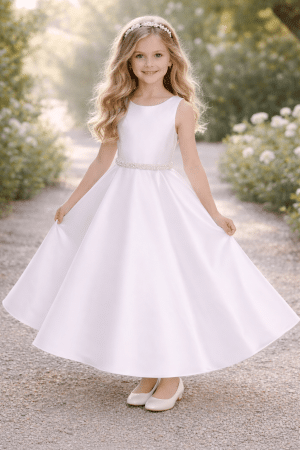 Classic A-Line Satin First Communion Dress with Pearl Waist Trim