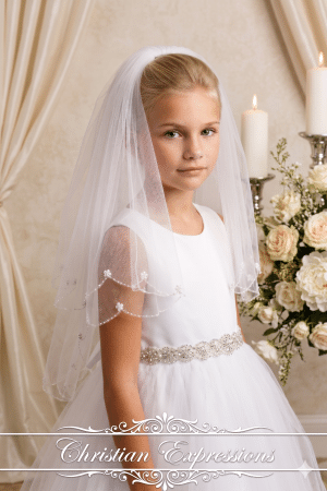 Girls First Communion Girls Veil with Beaded Scallop Edge with Sequin Flowers