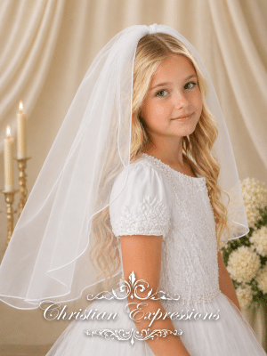 Girls Plain White First Communion Veil with Simple Corded Edge