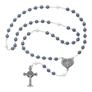 Blue and Pearl like Glass Lourdes Water Rosary Boxed