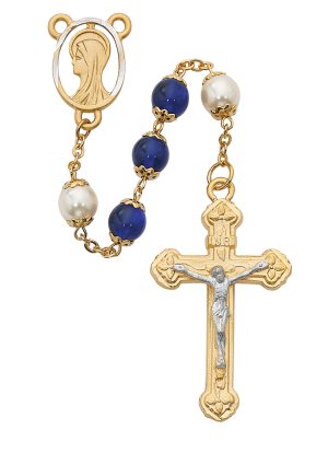 Blue and Pearl like Glass Rosary Boxed
