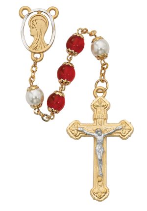 Red and Pearl like Glass Rosary Boxed