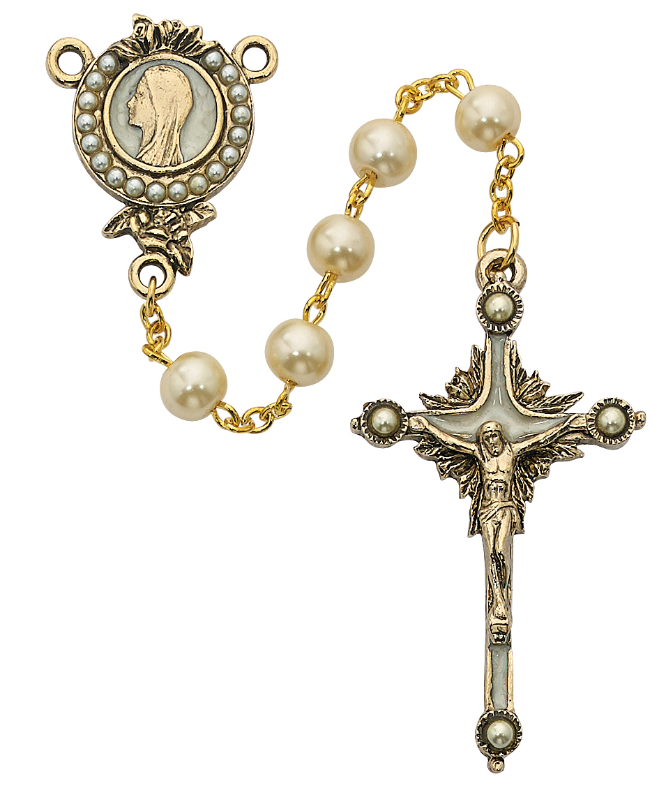 Imitation Pearls of Mary Rosary Boxed 1 7mm pearl like cream glass beads with gold plated pewter enameled crucifix and center. Cream Epoxy center and crucifix. Boxed.