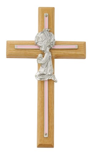 7in Oak with Baby Pink Girl Praying Cross Boxed