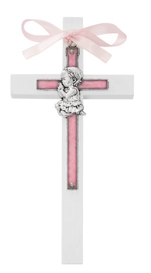 6" BLUE BABY GIRL ON WHITE WOOD CROSS BOXED