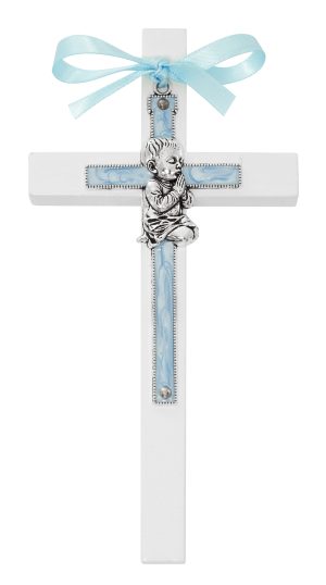6" BLUE BABY BOY ON WHITE WOOD CROSS BOXED