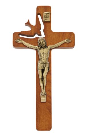 8" WALNUT STAINED WOOD WITH ANTIQUE BRONZE CORPUS HOLY SPIRIT CRUCIFIX BOXED