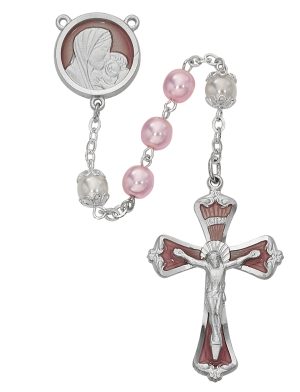 Mother and Child Pink Pearl like Glass Rosary Boxed