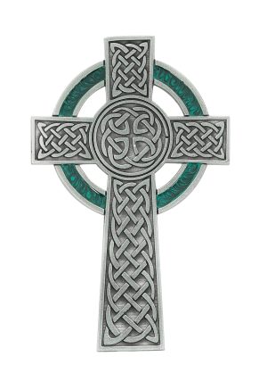 5 1/2 in Pewter Celtic Cross With Green Enamel Boxed
