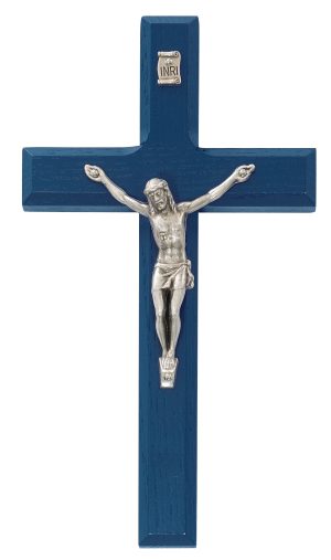 6.5" beveled blue wood WITH SILVER CORPUS crucifix boxed